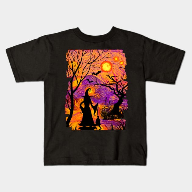 Halloween Scene Witch And Bats Scary Haunted Nighttime Forest Kids T-Shirt by egcreations